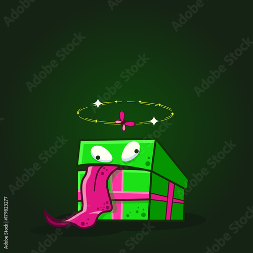 Vector color illustration of cartoon crazy gift box on dark background. Object image to create original web games or graphic design