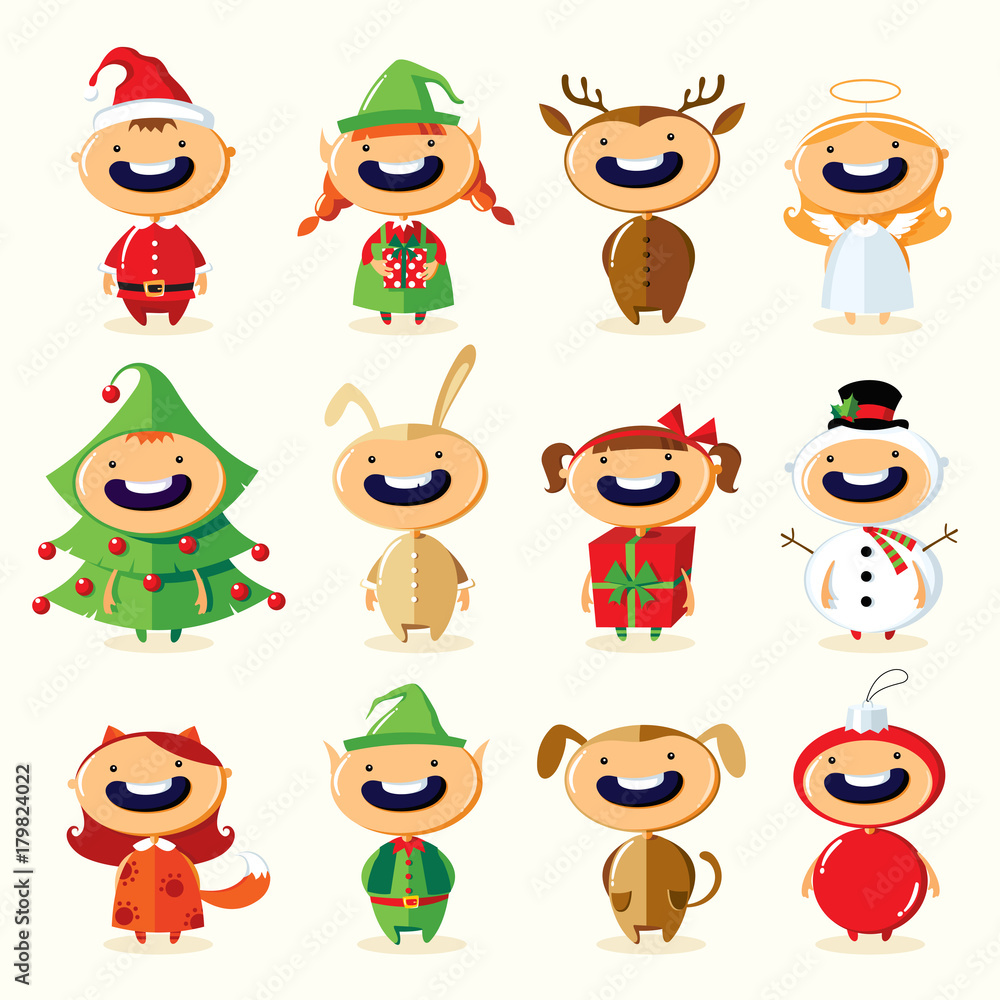 Christmas set of cute cartoon children in colorful costumes