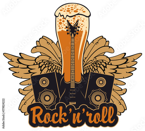 Vector banner for a rock pub with live music with an inscription and a picture of a full glass of beer, bull skull, acoustic guitars, wings and vinyl records in the fire