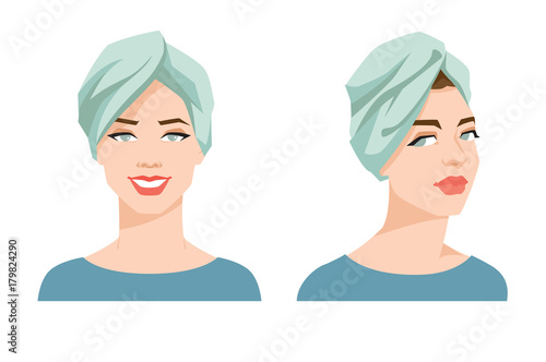 Vector illustration of a young girl in a towel. Various turns heads. Face in front view and half-turn isolated on white background. 