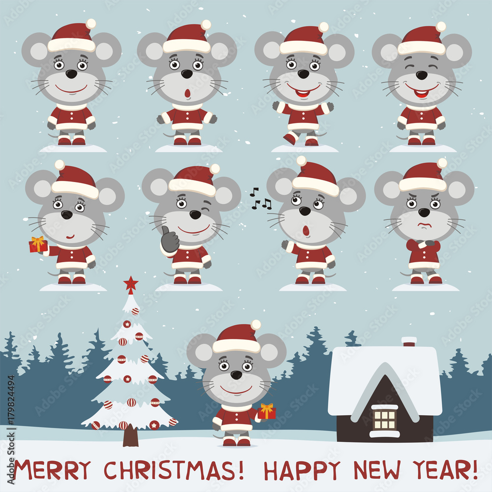 Merry christmas and happy new year! Vector set of mouse in different poses on background snow. Collection of little mouse in cartoon style for christmas design.