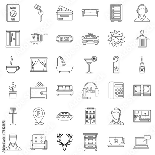 Hotel icons set, outline style