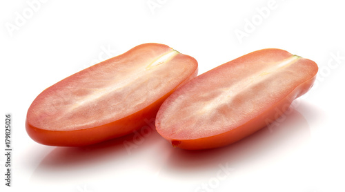 Sliced San Marzano tomato isolated on white background two halves