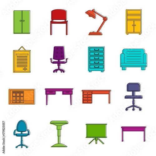 Office furniture icons doodle set photo