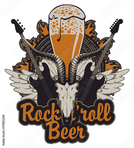 Vector banner for a rock pub with live music with an inscription and a picture of a full glass of beer, goat skull, acoustic guitars, wings and vinyl records in the fire