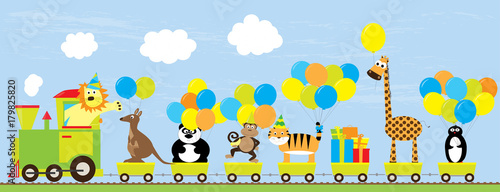 Photography birthday party illustration for children : cartoon train with cute wild animals,