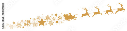 Flying sleigh, snowflakes and stars