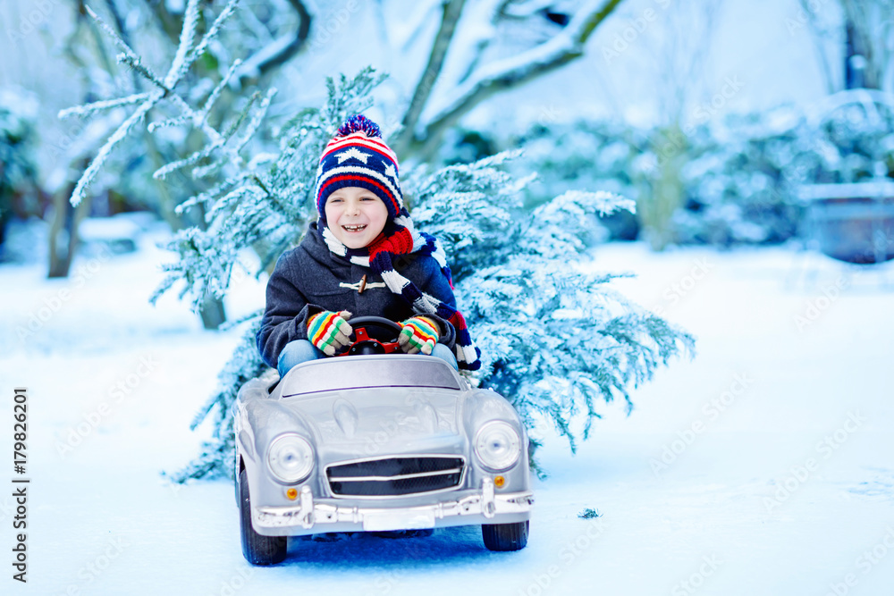 Funny little smiling kid boy driving toy car with Christmas tree.