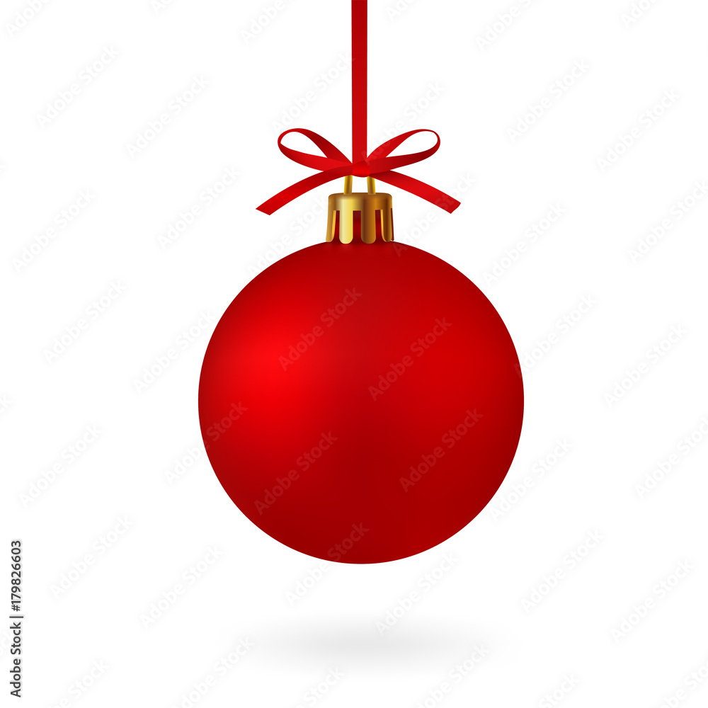 Realistic Red Christmas ball with ribbon and bow, isolated on white background - stock vector. - obrazy, fototapety, plakaty 