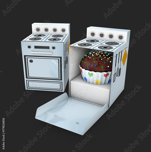 3d Illustration of Two open and close Cardboard Cooker with Cake inside, Isolated on Black Background. photo