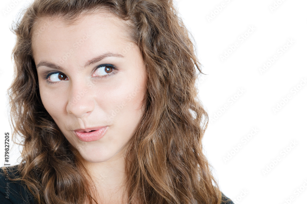 surprised young woman looking sideway isolated surprised young woman looking sideway isolated