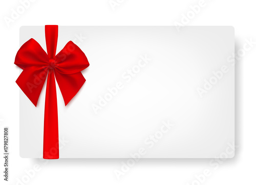 White paper card with gift red satin bow. - stock vector.