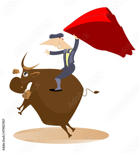 Bullfighter and the bull isolated. Smiling bullfighter rides on the bull isolated
