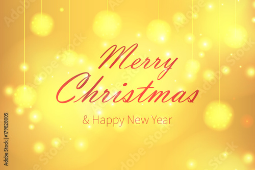 Happy New Year design on yellow shiny background with an inscription. Merry Christmas vector illustration. Holiday greeting.