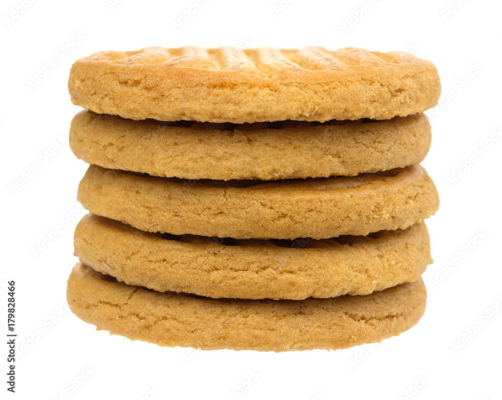 A stack of sugar free shortbread cookies isolated on a white background. A stack of sugar free shortbread cookies isolated on a white background.
