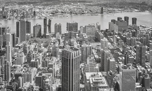 Black and white aerial view of New York City Manhattan skyline, USA.