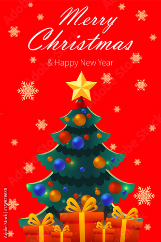 Happy New Year design on red background with an inscription. Merry Christmas vector illustration with presents and Christmas tree. Holiday greeting.