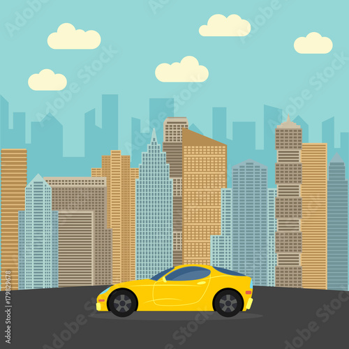 Fototapeta Naklejka Na Ścianę i Meble -  Yellow sports car in the city. Automobile on a background of skyscrapers on a sunny day. Vector illustration. 
