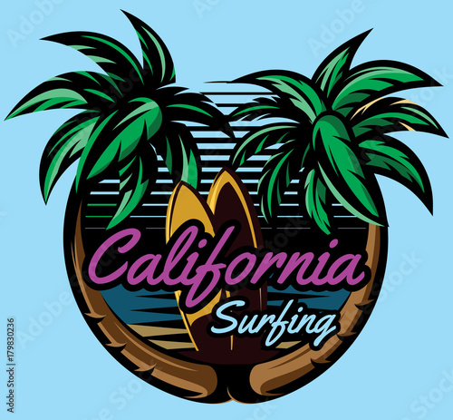 color vector template with palm trees on the ocean coast and surf boards