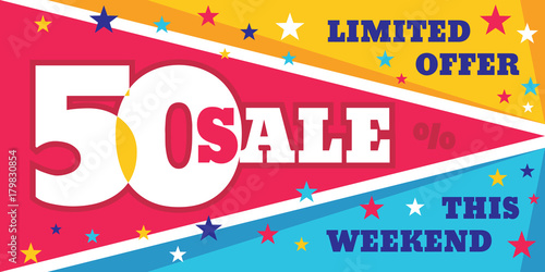 Big sale vector concept banner template - discount 50% off. Special offer creative design layout. this weekend.