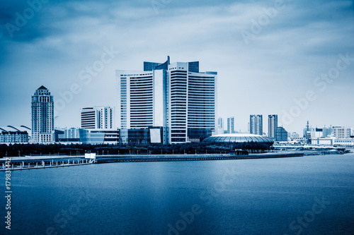 modern city waterfront downtown skyline, blue tone image