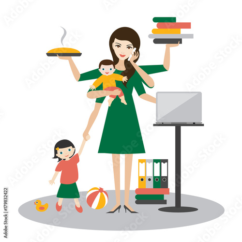 Multitask woman. Mother, businesswoman with baby, older child, working, coocking and calling.