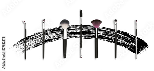 Vector make up brushes for mascara and powder. Besign concept with mascara stroke. Realistic cosmetic brushes set banner on white background photo