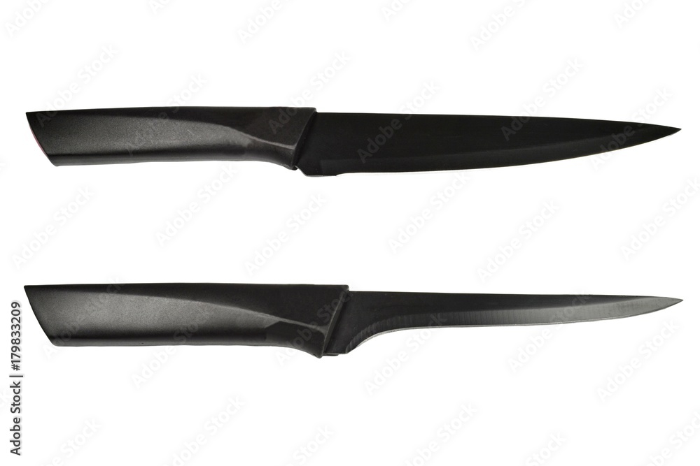 Two black knives with plastic handles and blades with antibacterial coating. The knife for meat, a fillet knife. Isolated on white background Two black knives with plastic handles and blades with antibacterial coating. The knife for meat, a fillet knife. Isolated on white background