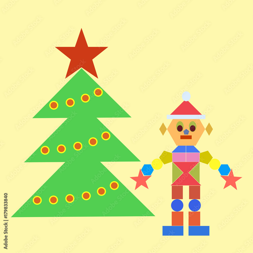Robot in a Christmas hat next to a Christmas tree Robot in a Christmas hat next to a Christmas tree