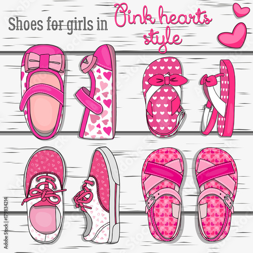 Shoes for girls in pink hearts style