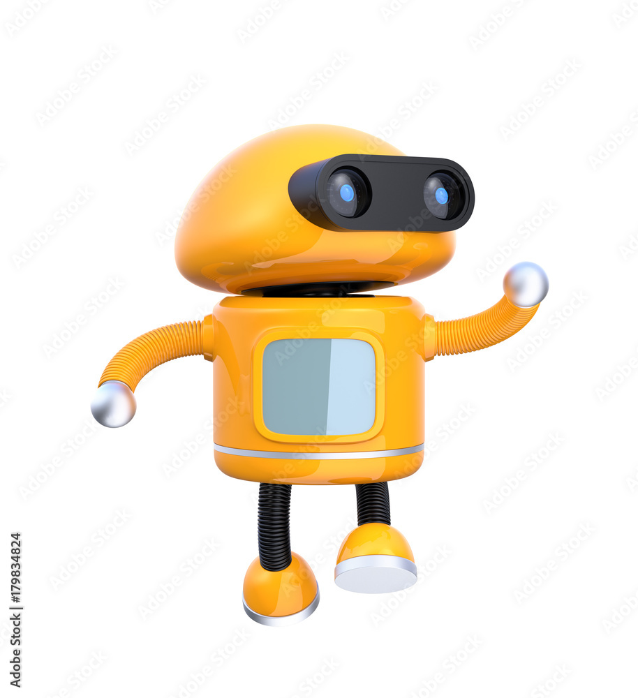 Cute orange robot dancing on white background. 3D rendering image. Cute orange robot dancing on white background. 3D rendering image.