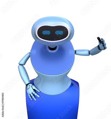 Front view of blue humanoid robot isolated on white background. 3D rendering image.