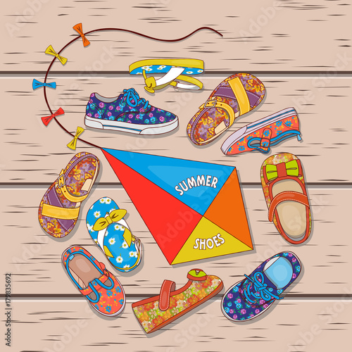 Illustration summer shoes for girls and kite arranged in a circle. Shoes with floral prints.