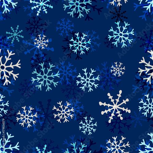 Christmas snowflakes pattern. Winter seamless texture. Vector blue background template