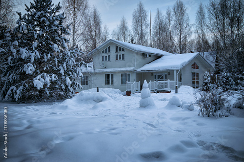 Beautiful suburban house surrounded                                 by trees heavily covered with snow in january © Georgy Dzyura