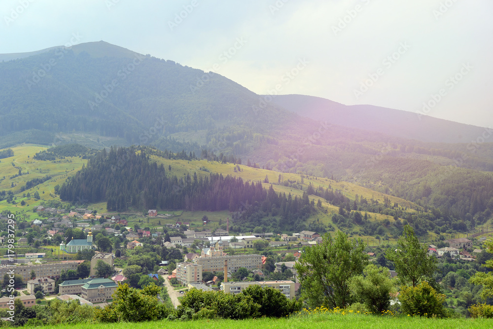Aerial view of green summer landscape, mountains, trees, forest, village in the mountains