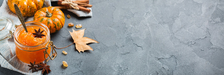 Fall autumn pumpkin jam confiture with spices