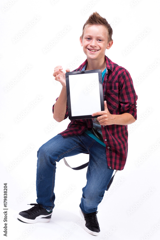 Successful student with a tablet in hand screen to the client on Successful student with a tablet in hand screen to the client on