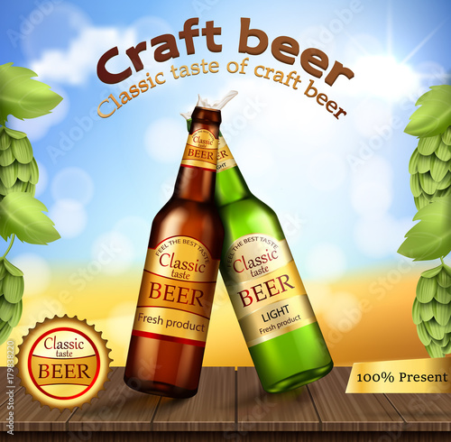 Vector realistic two glass beer bottle brown and green with brand label stand on wooden table with barley ears and hops near the grass field. Poster template for classic craft beer ad package design