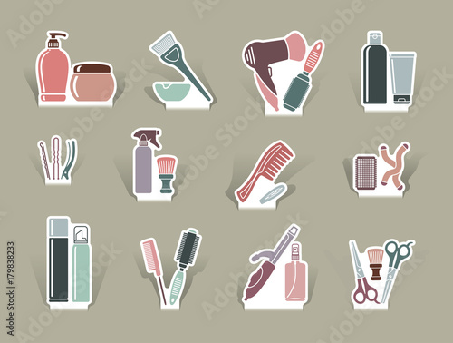 Hairdressers accessories on cut out icons