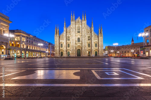 Piazza del Duomo, Cathedral Square, with Milan Cathedral or Duomo di Milano, Galleria Vittorio Emanuele II and Arengario, during morning blue hour, Milan, Lombardia, Italy
