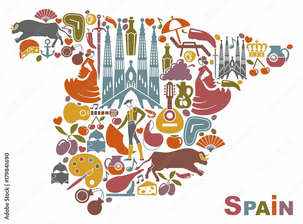 Fototapeta premium Traditional symbols of Spain in the form of a map