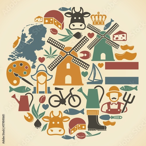 The symbols of the Netherlands in the shape of a circle