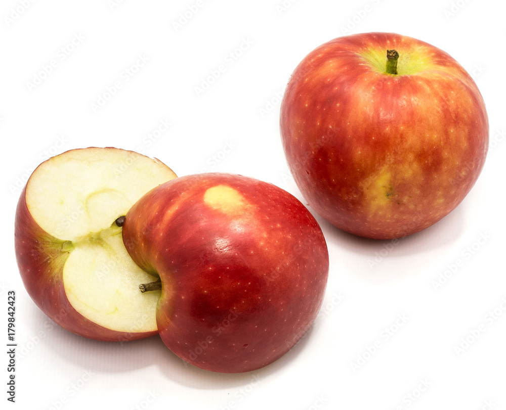 Red Kanzi apple, one whole, two halves, isolated on white background Red Kanzi apple, one whole, two halves, isolated on white background