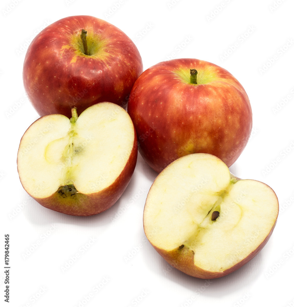 Red Kanzi apples, two whole, two halves, isolated on white background Red Kanzi apples, two whole, two halves, isolated on white background