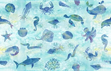 Sierkussen Zeedieren patronen Seamless marine background  © Katsiar