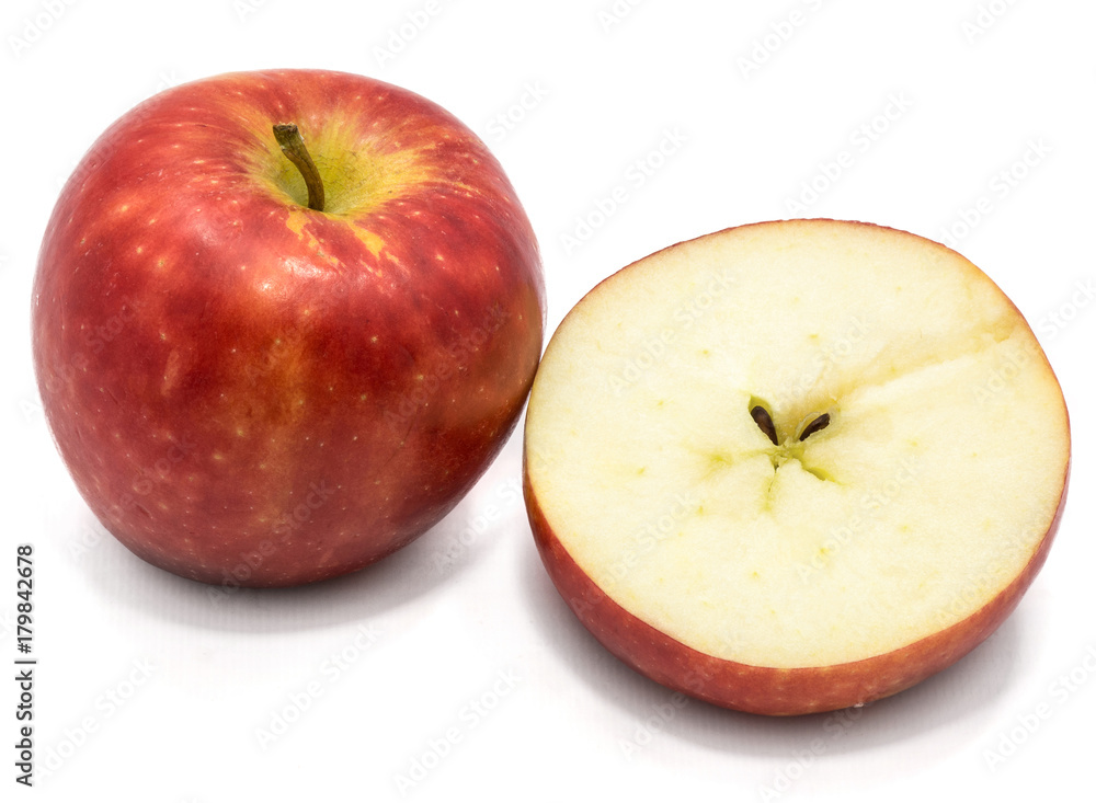 One whole Kanzi apple, one cross section half, isolated on white backgound One whole Kanzi apple, one cross section half, isolated on white backgound