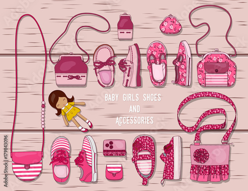 Illustration of a set of accessories for girls. Shoes, purses and bags for girls