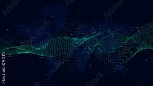 Abstract vector background with dynamic waves, big data visualization with a world map