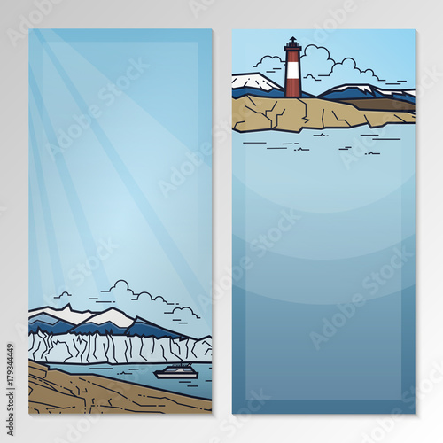Nature landscape with mountains and seashore. Brochure template layout.